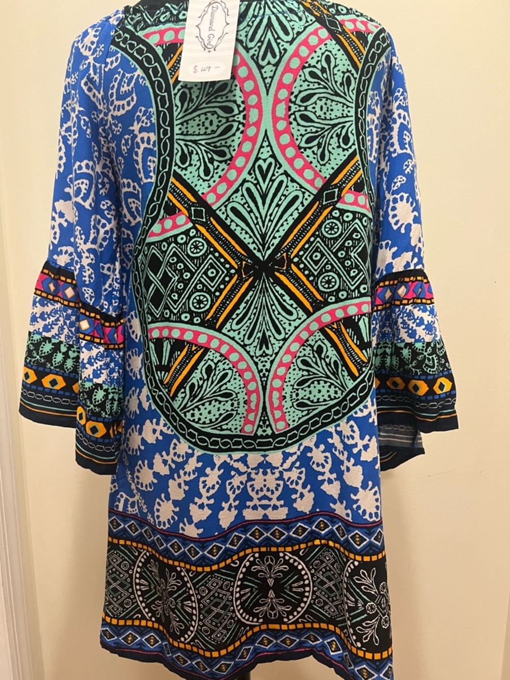 Boho Off Shoulder Shift Dress Small Blue Pink Tribal Print Bell Sleeve Lined - Picture 4 of 15